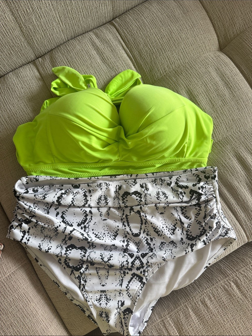 Neon Lime Green Bikini Top with Snakeskin High-Waist Bottoms